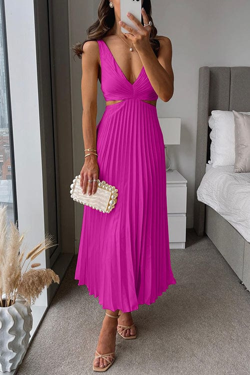 Women's Elegant Pleated Midi Dress Formal Summer Party Wedding Guest Casual V-Neckline – Sanne - Lolly 