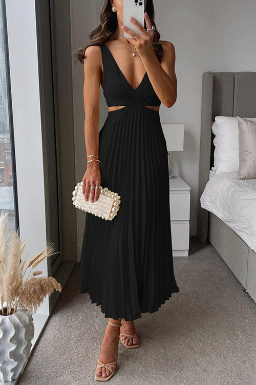 Women's Elegant Pleated Midi Dress Formal Summer Party Wedding Guest Casual V-Neckline – Sanne - Lolly 