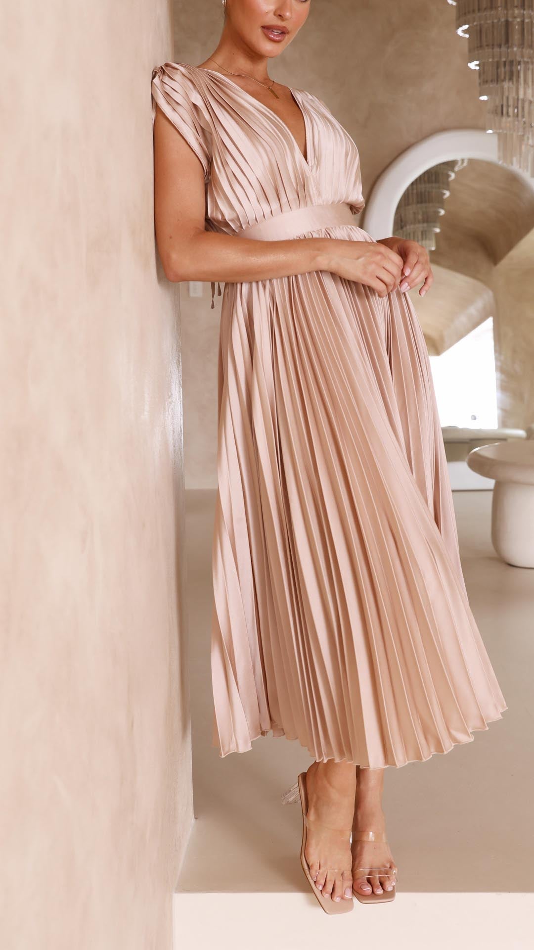 Women's Elegant Pleated Midi Dress V-Neck Wrap Flowing Wedding Guest Casual Evening Formal – Maria - Lolly 