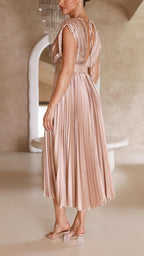 Women's Elegant Pleated Midi Dress V-Neck Wrap Flowing Wedding Guest Casual Evening Formal – Maria - Lolly 