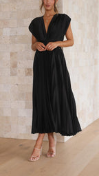 Women's Elegant Pleated Midi Dress V-Neck Wrap Flowing Wedding Guest Casual Evening Formal – Maria - Lolly 