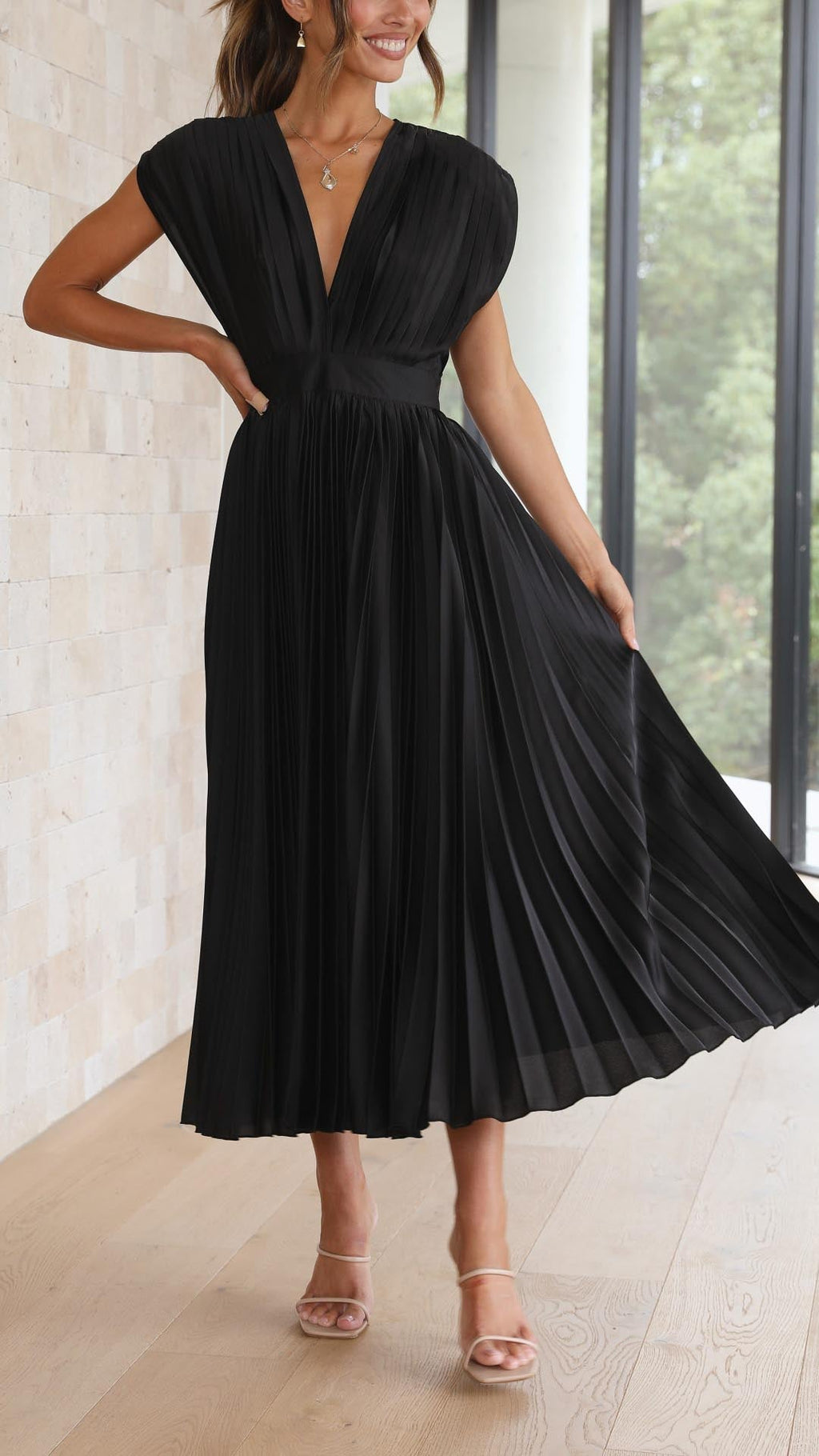 Women's Elegant Pleated Midi Dress V-Neck Wrap Flowing Wedding Guest Casual Evening Formal – Maria - Lolly 