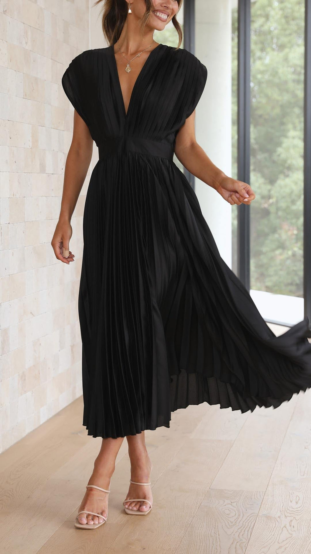 Women's Elegant Pleated Midi Dress V-Neck Wrap Flowing Wedding Guest Casual Evening Formal – Maria - Lolly 