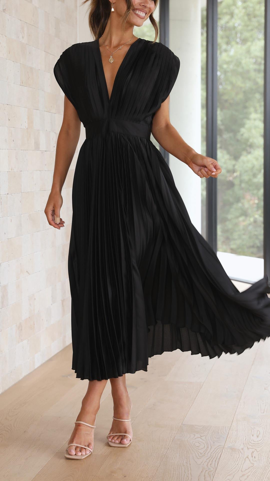 Women's Elegant Pleated Midi Dress V-Neck Wrap Flowing Wedding Guest Casual Evening Formal – Maria - Lolly 