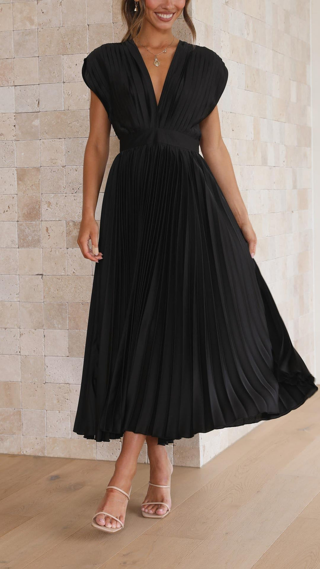Women's Elegant Pleated Midi Dress V-Neck Wrap Flowing Wedding Guest Casual Evening Formal – Maria - Lolly 