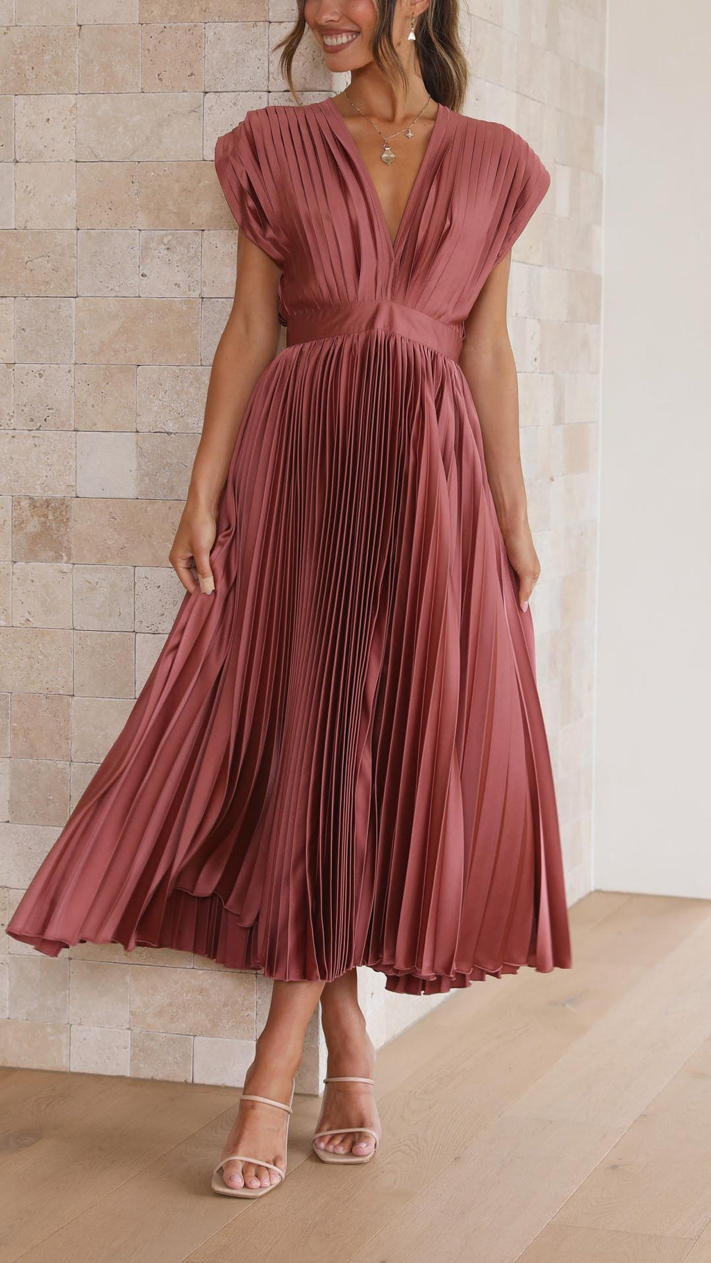 Women's Elegant Pleated Midi Dress V-Neck Wrap Flowing Wedding Guest Casual Evening Formal – Maria - Lolly 