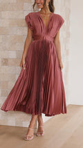 Women's Elegant Pleated Midi Dress V-Neck Wrap Flowing Wedding Guest Casual Evening Formal – Maria - Lolly 