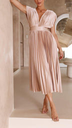 Women's Elegant Pleated Midi Dress V-Neck Wrap Flowing Wedding Guest Casual Evening Formal – Maria - Lolly 