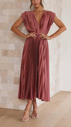 Women's Elegant Pleated Midi Dress V-Neck Wrap Flowing Wedding Guest Casual Evening Formal – Maria - Lolly 