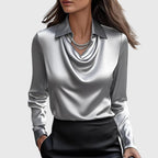 Women's Elegant Satin Blouse Cowl Neck Long Sleeve Luxe Shine Flowing Fit Casual Chic – Brooklyn - Lolly 