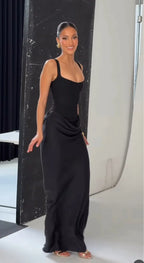 Women's Elegant Satin Long Dress Spaghetti Strap Sleeveless Slim Fit Formal Evening Wedding Guest Cocktail Party Date Night – Sienna - Lolly 