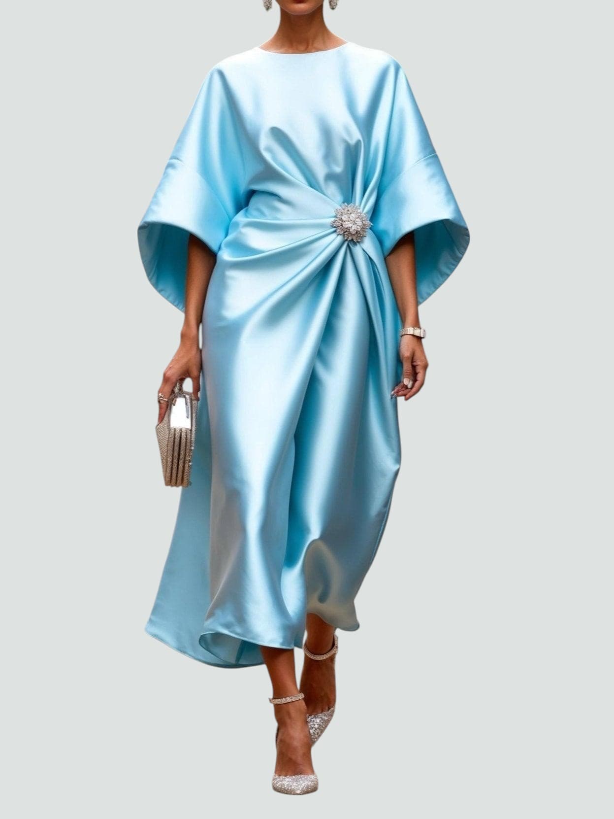 Women's Elegant Satin Midi Dress Wrap Style Long Sleeve Formal Party Wedding Guest – Coralyeth - Lolly 