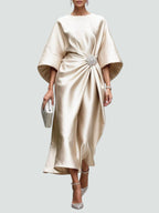 Women's Elegant Satin Midi Dress Wrap Style Long Sleeve Formal Party Wedding Guest – Coralyeth - Lolly 