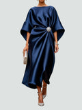 Women's Elegant Satin Midi Dress Wrap Style Long Sleeve Formal Party Wedding Guest – Coralyeth - Lolly 