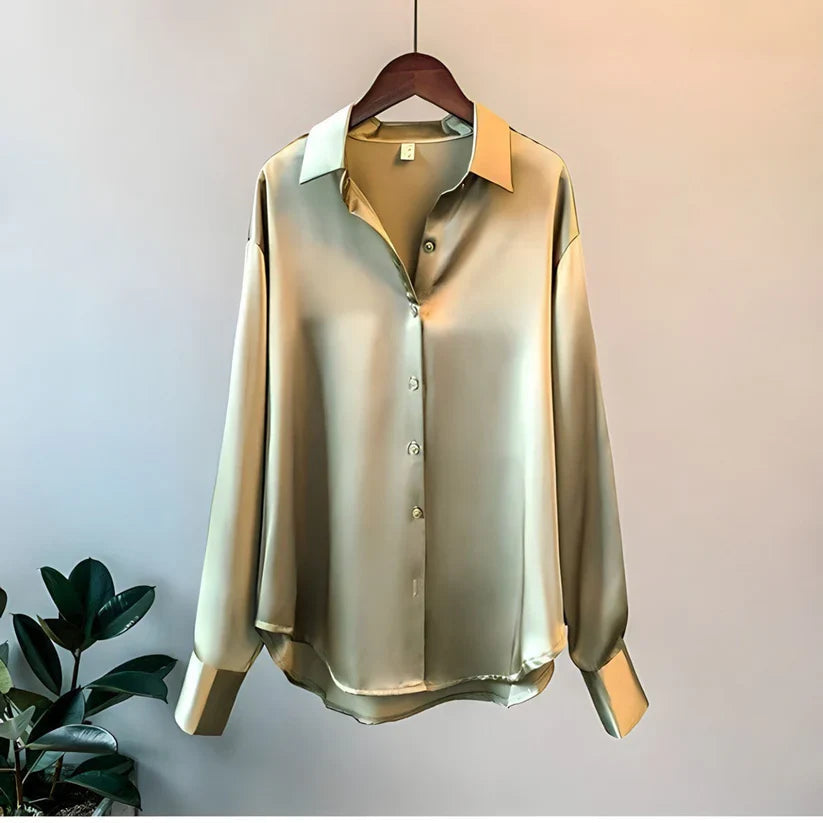 Women's Elegant Silk Satin Shirt V-Neck Long Sleeve Casual Formal Everyday Blouse – Teresa - Lolly 