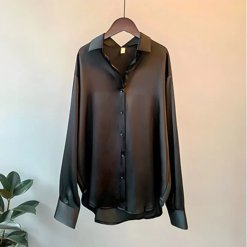 Women's Elegant Silk Satin Shirt V-Neck Long Sleeve Casual Formal Everyday Blouse – Teresa - Lolly 