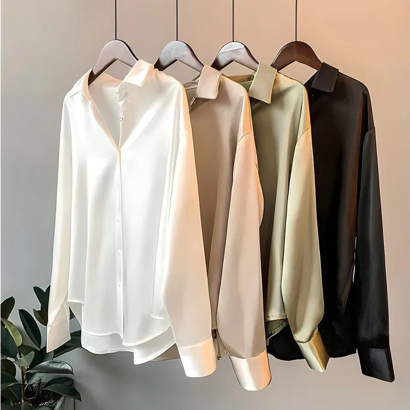 Women's Elegant Silk Satin Shirt V-Neck Long Sleeve Casual Formal Everyday Blouse – Teresa - Lolly 