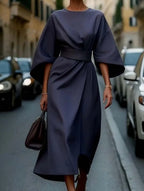 Women's Elegant Solid Color Wrap Knot Midi Dress Batwing Sleeve Polyester Wedding Guest Formal Party Dress - Lolly 