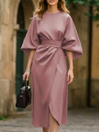 Women's Elegant Solid Color Wrap Knot Midi Dress Batwing Sleeve Polyester Wedding Guest Formal Party Dress - Lolly 