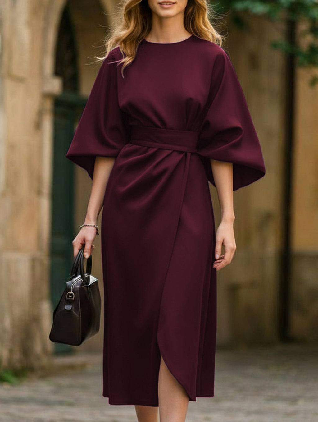 Women's Elegant Solid Color Wrap Knot Midi Dress Batwing Sleeve Polyester Wedding Guest Formal Party Dress - Lolly 