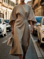 Women's Elegant Solid Color Wrap Knot Midi Dress Batwing Sleeve Polyester Wedding Guest Formal Party Dress - Lolly 