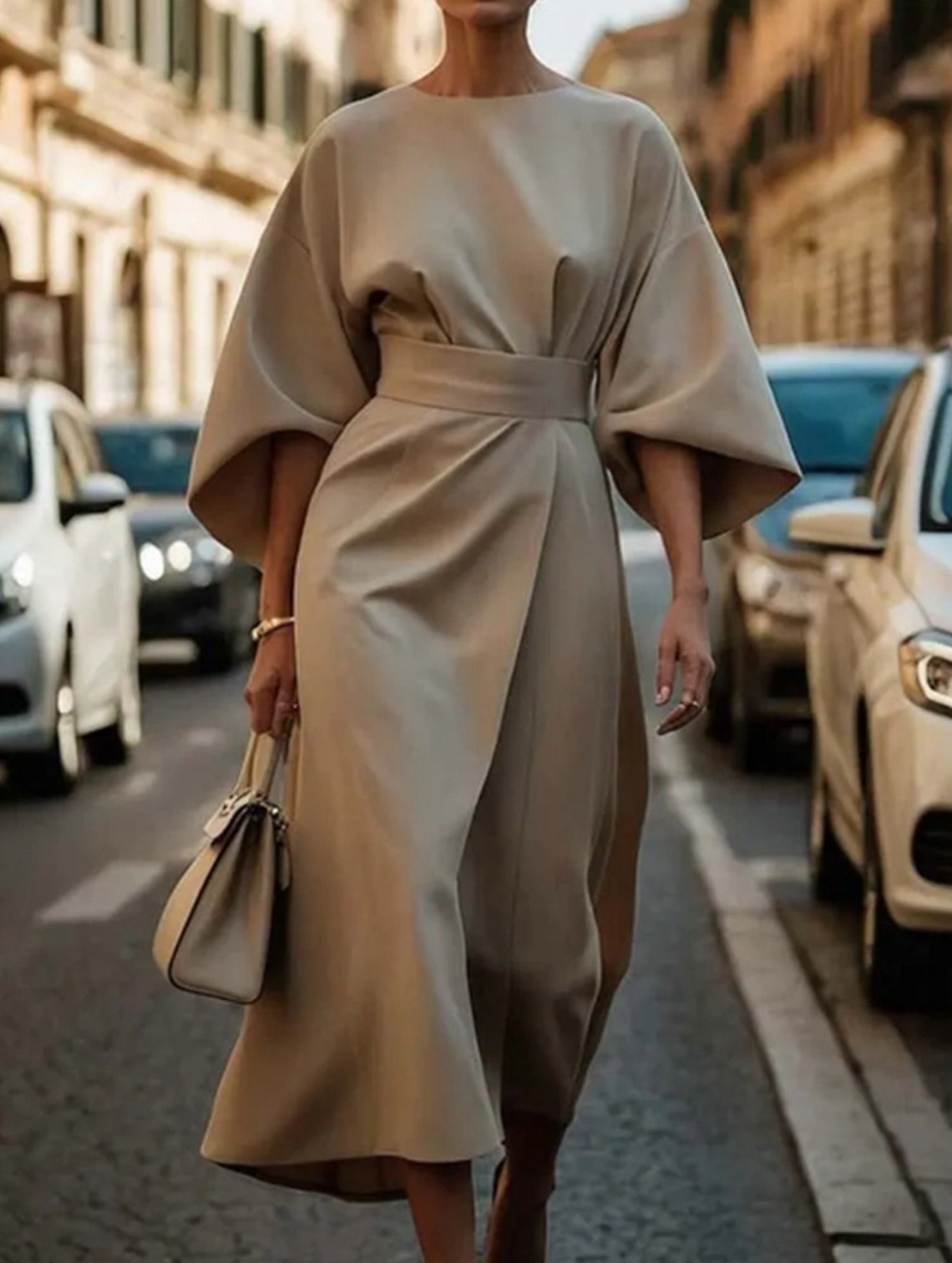 Women's Elegant Solid Color Wrap Knot Midi Dress Batwing Sleeve Polyester Wedding Guest Formal Party Dress - Lolly 