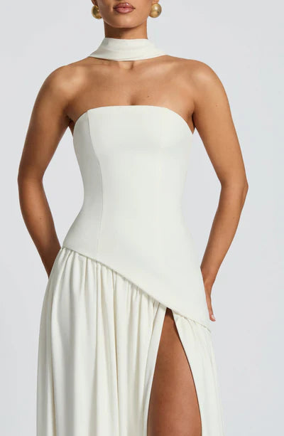 Women's Elegant Strapless Maxi Dress Fitted Slit Formal Party Wedding Guest Sophisticated – Mya - Lolly 