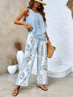 Women's Elegant Two-Piece Set Flowy Sleeveless Top & Wide Leg Floral Pants Casual Summer Beach Vacation Resort Brunch Everyday – Averie - Lolly 
