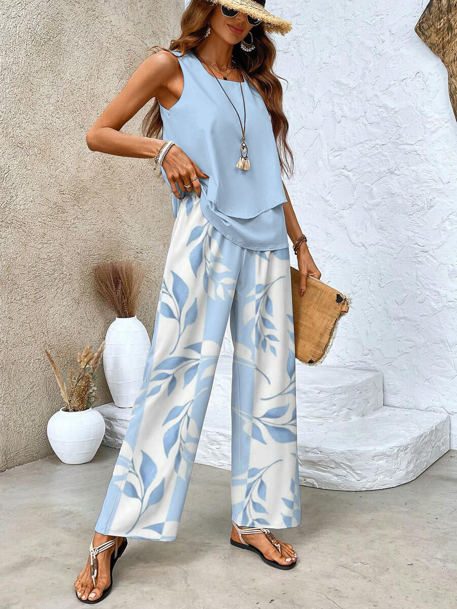 Women's Elegant Two-Piece Set Flowy Sleeveless Top & Wide Leg Floral Pants Casual Summer Beach Vacation Resort Brunch Everyday – Averie - Lolly 