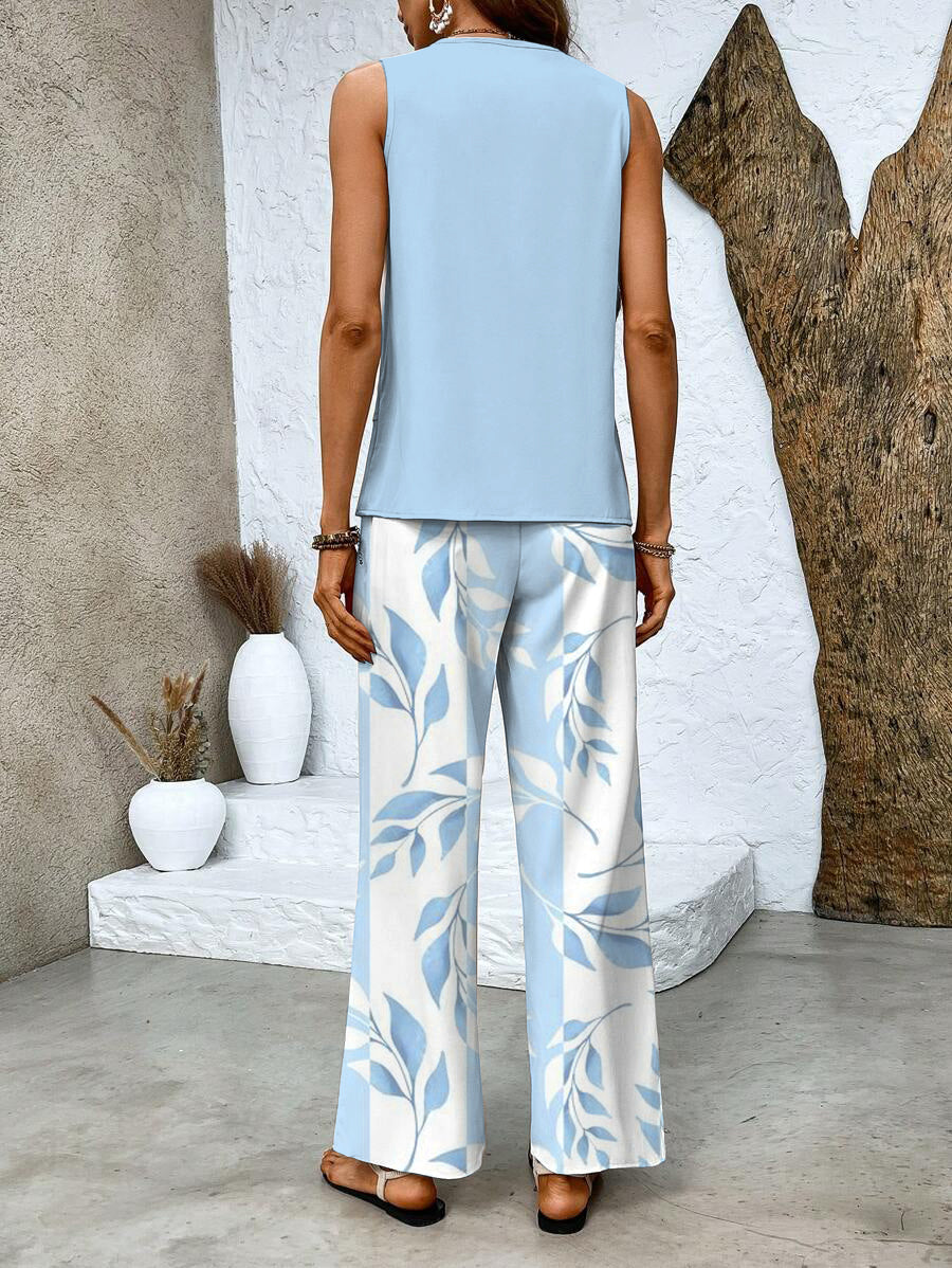 Women's Elegant Two-Piece Set Flowy Sleeveless Top & Wide Leg Floral Pants Casual Summer Beach Vacation Resort Brunch Everyday – Averie - Lolly 
