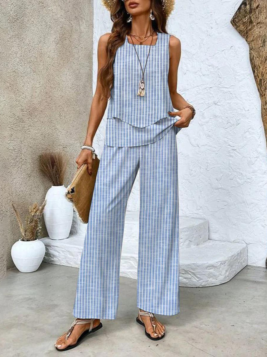 Women's Elegant Two-Piece Set Flowy Sleeveless Top & Wide Leg Floral Pants Casual Summer Beach Vacation Resort Brunch Everyday – Averie - Lolly 