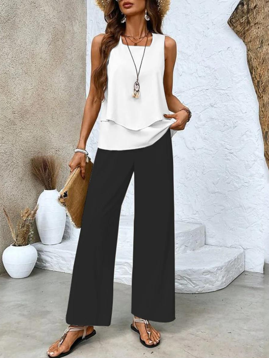 Women's Elegant Two-Piece Set Flowy Sleeveless Top & Wide Leg Floral Pants Casual Summer Beach Vacation Resort Brunch Everyday – Averie - Lolly 