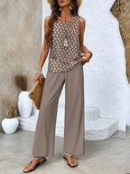 Women's Elegant Two-Piece Set Flowy Sleeveless Top & Wide Leg Floral Pants Casual Summer Beach Vacation Resort Brunch Everyday – Averie - Lolly 