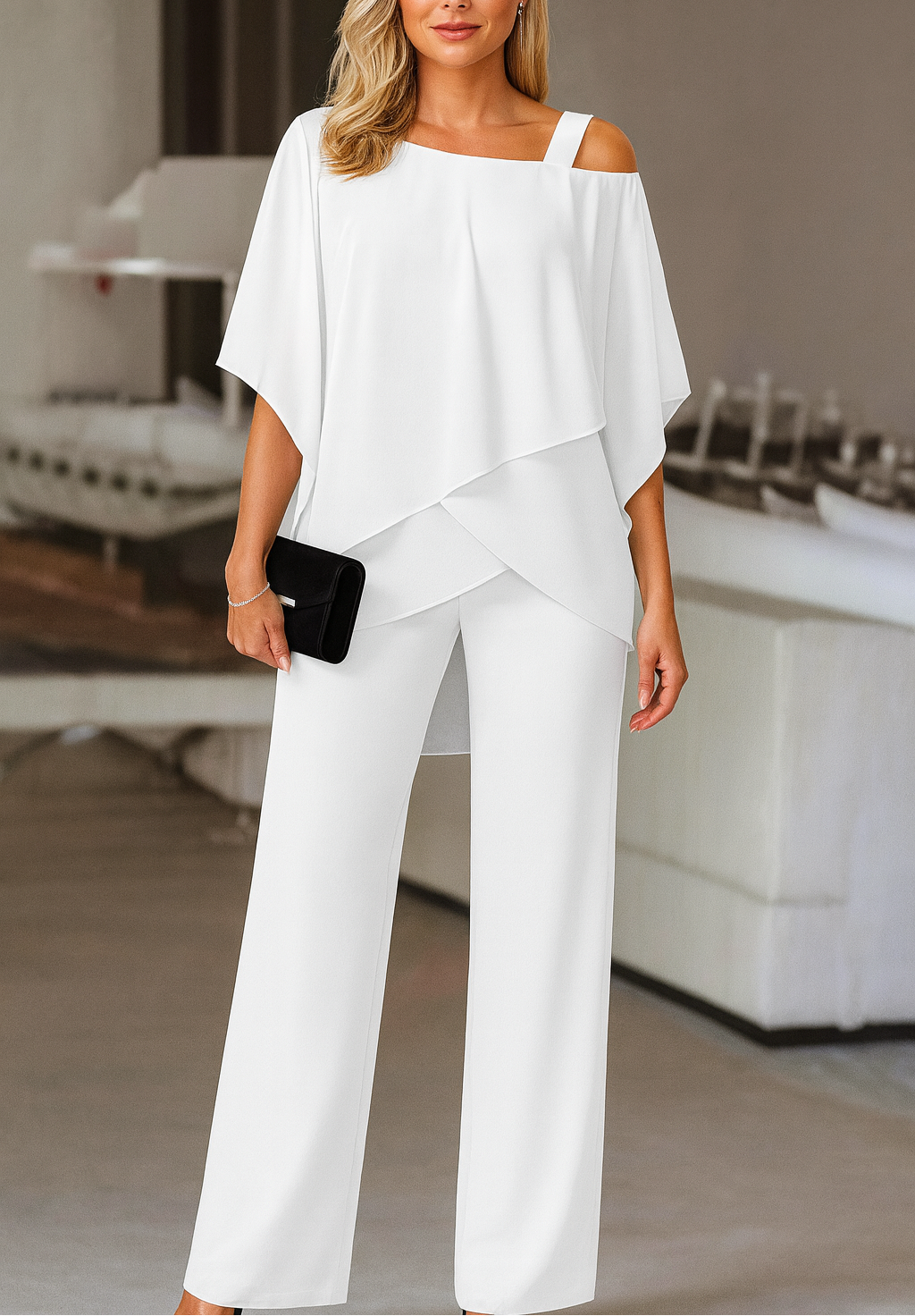 Women's Elegant Two-Piece Set Top & Wide-Leg Pants Formal Evening Wedding Guest Gala Cocktail Party Luxury – Burgundy Black White Blue - Lolly 