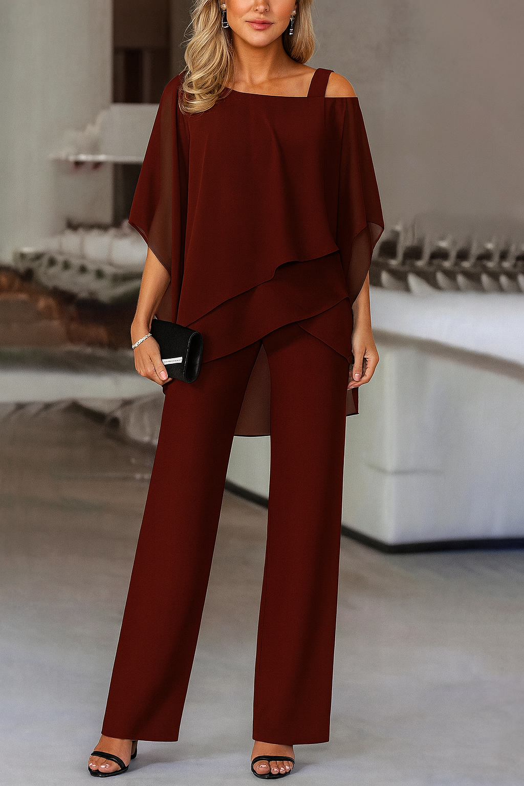 Women's Elegant Two-Piece Set Top & Wide-Leg Pants Formal Evening Wedding Guest Gala Cocktail Party Luxury – Burgundy Black White Blue - Lolly 