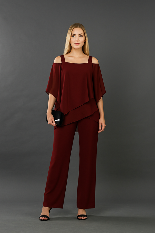 Women's Elegant Two-Piece Set Top & Wide-Leg Pants Formal Evening Wedding Guest Gala Cocktail Party Luxury – Burgundy Black White Blue - Lolly 