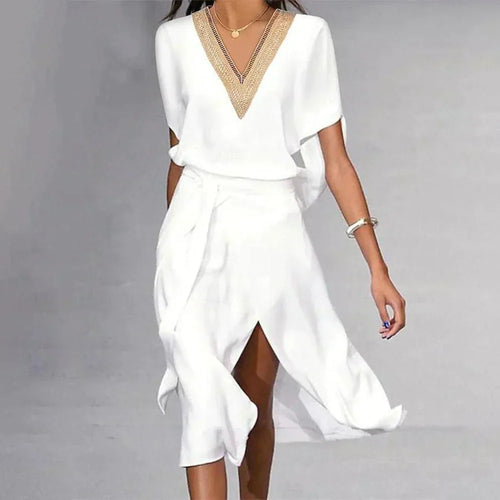 Women's Elegant V-Neck Wrap Midi Dress Short Sleeve Sustainable Casual Party Summer Dress – Isabella White - Lolly 
