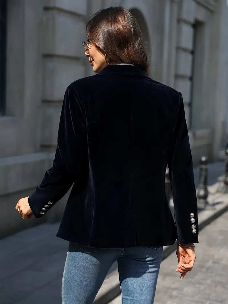 Women's Elegant Velvet Blazer Structured Shoulders Slim Fit Gold-Tone Buttons Formal Casual – Navy - Lolly 