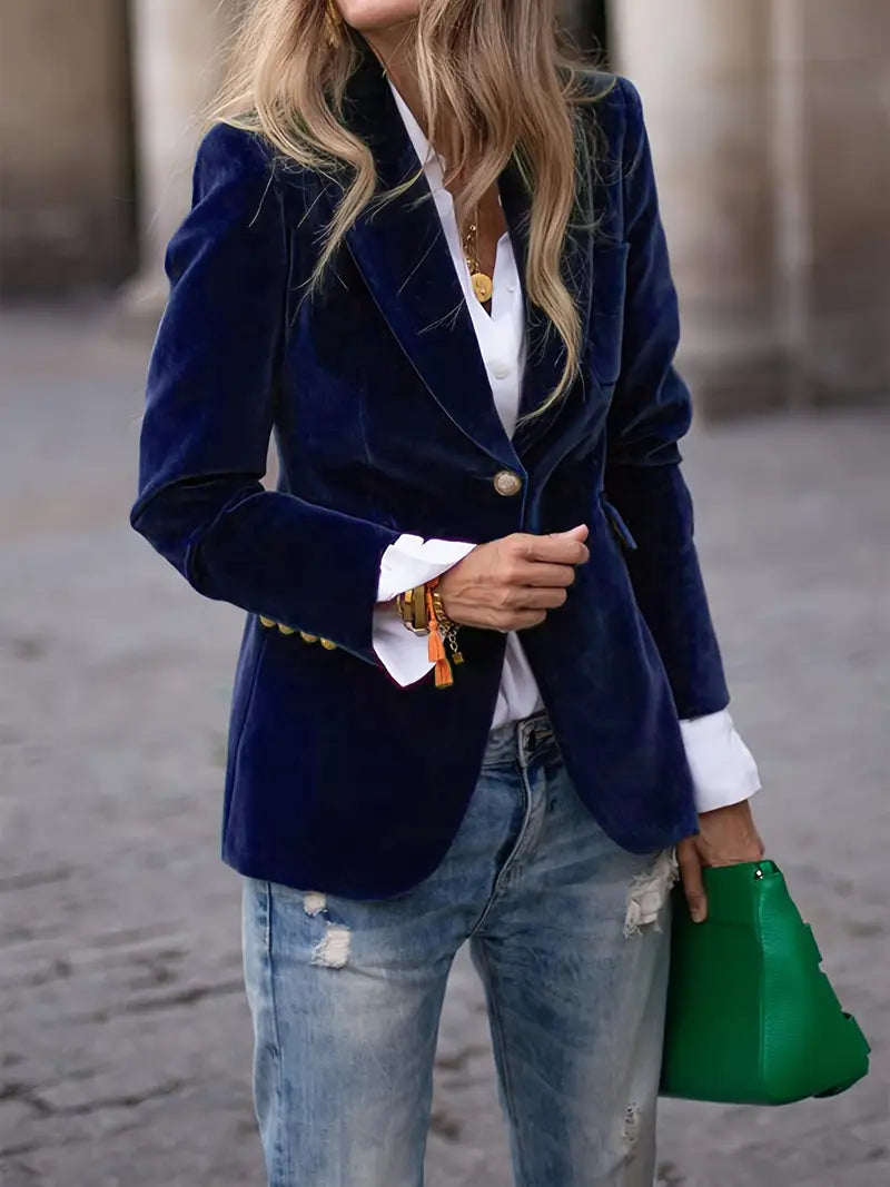 Women's Elegant Velvet Blazer Structured Shoulders Slim Fit Gold-Tone Buttons Formal Casual – Navy - Lolly 