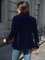 Women's Elegant Velvet Blazer Structured Shoulders Slim Fit Gold-Tone Buttons Formal Casual – Navy - Lolly 