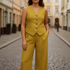 Women's Elegant Vest Jumpsuit Two-Piece Suit Set Formal Work Office Business Cocktail – Rust - Lolly 