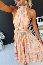 Women's Elegant Watercolour Halter Neck Long Dress Chiffon Floral Formal Wedding Guest Party Dress – Sandra Peach - Lolly 