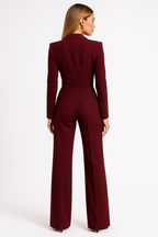 Women's Elegant Wrap Jumpsuit Long Sleeve Wide Leg Formal Party – Burgundy - Lolly 