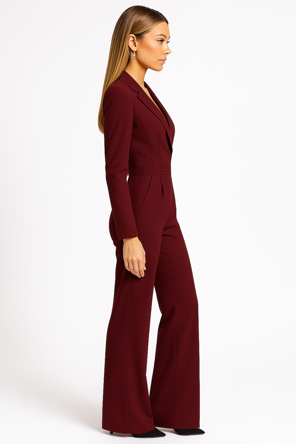 Women's Elegant Wrap Jumpsuit Long Sleeve Wide Leg Formal Party – Burgundy - Lolly 