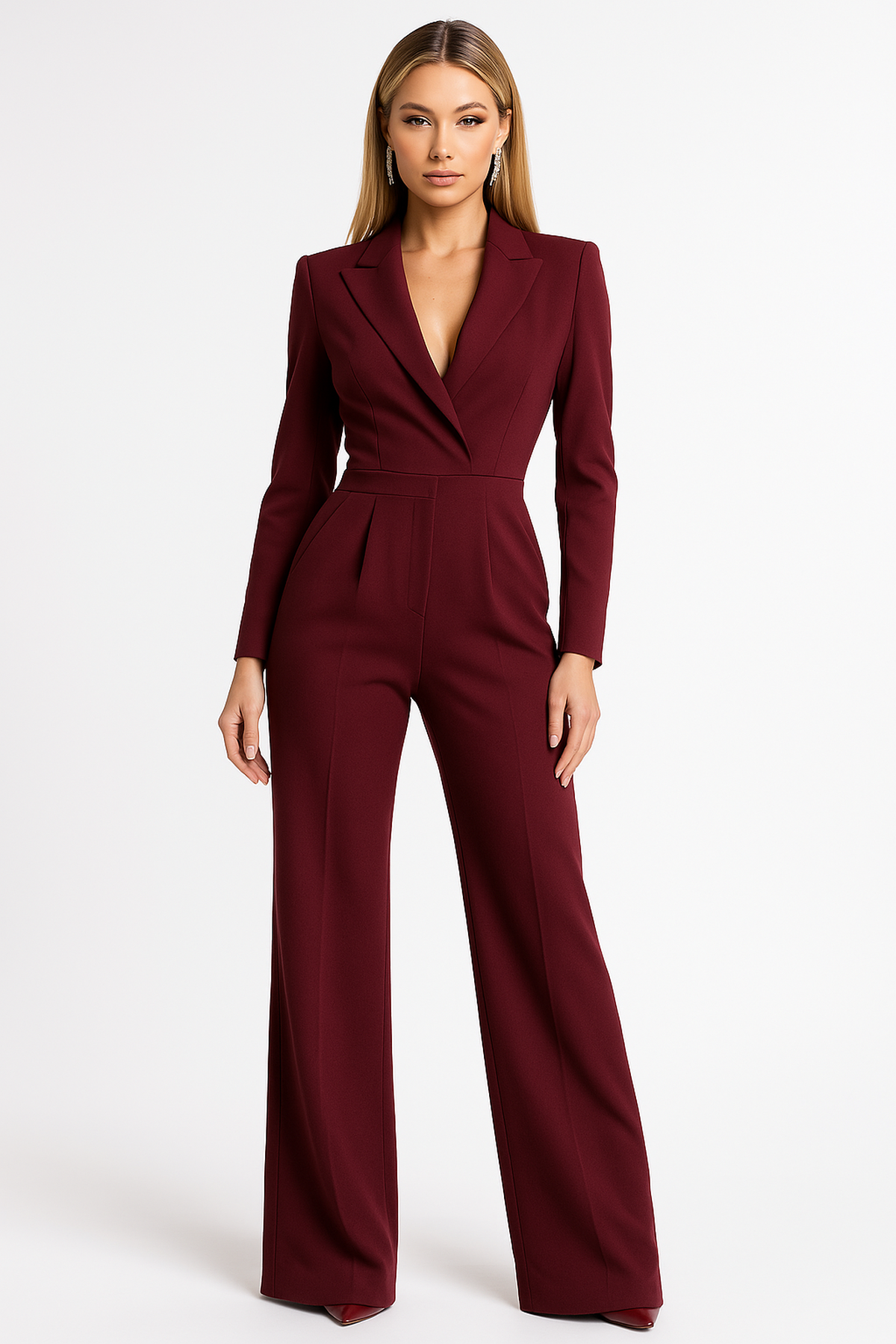 Women's Elegant Wrap Jumpsuit Long Sleeve Wide Leg Formal Party – Burgundy - Lolly 