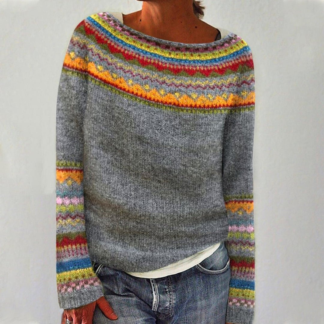 Women's Fair Isle Knit Sweater Norwegian Yoke Pullover Casual Winter - Lolly 