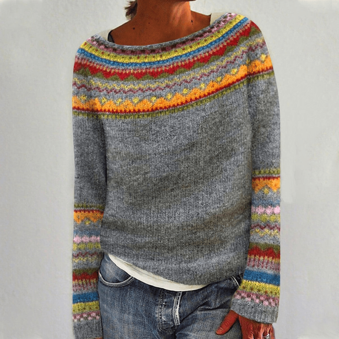 Women's Fair Isle Knit Sweater Norwegian Yoke Pullover Casual Winter - Lolly 