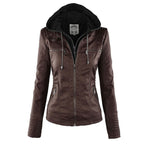 Women's Faux Leather Hooded Moto Jacket Zip-Up Biker Casual Outerwear - Lolly 