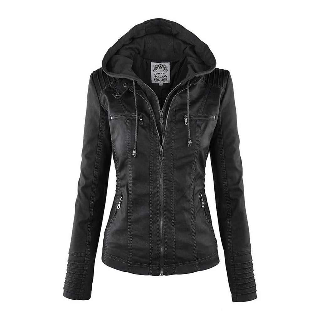 Women's Faux Leather Hooded Moto Jacket Zip-Up Biker Casual Outerwear - Lolly 