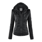 Women's Faux Leather Hooded Moto Jacket Zip-Up Biker Casual Outerwear - Lolly 